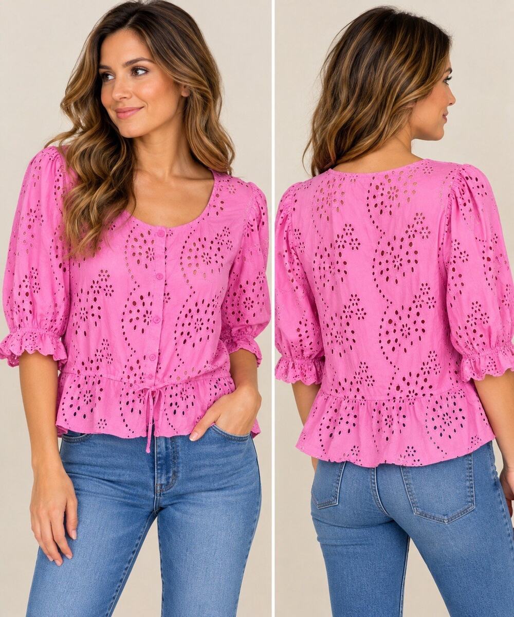 Marc New York Andrew Marc XL Pink Eyelet Embroidered Peplum Blouse Puff Sleeve